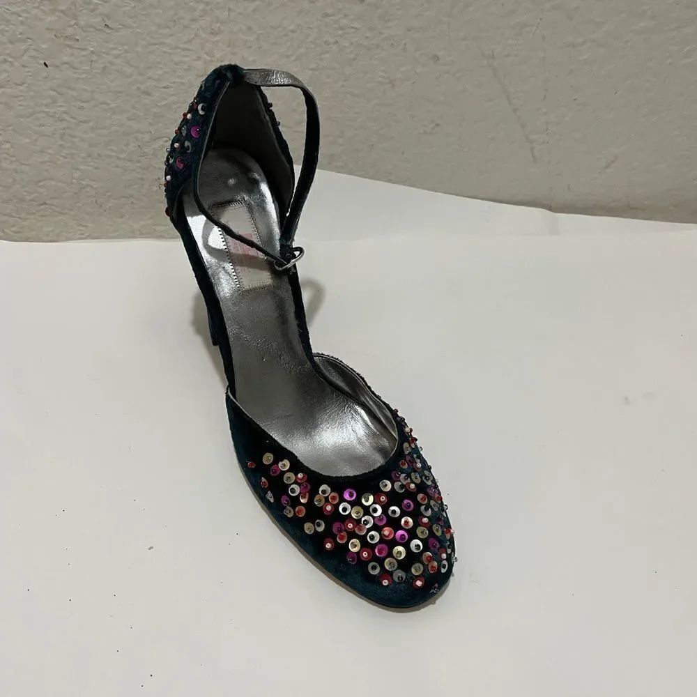 JLO by Jennifer Lopez Green Velvet & Sequin Ankle Strap Sandal Heels Sz 7